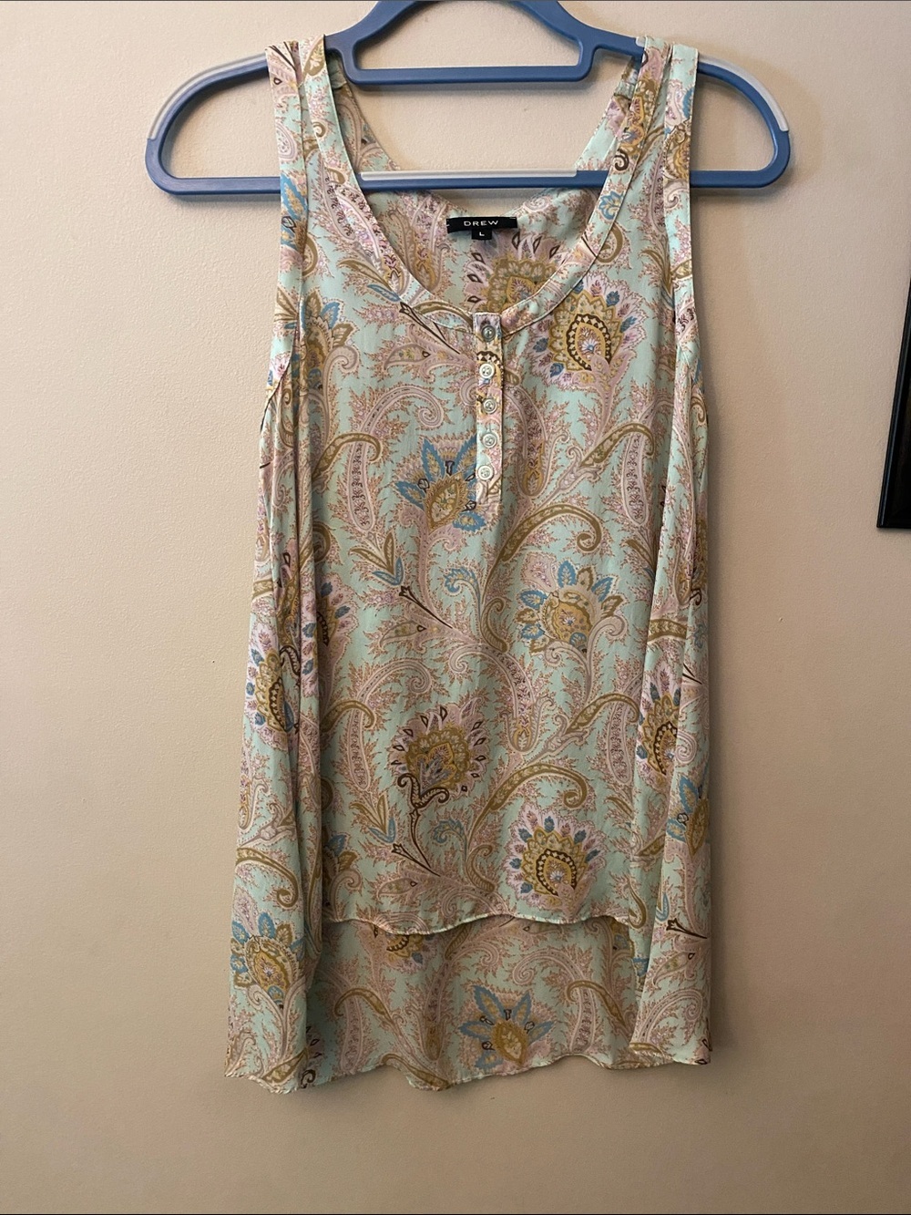 DREW Anthropologie Mint Paisley Henley Tank with Gold and Blue Accents